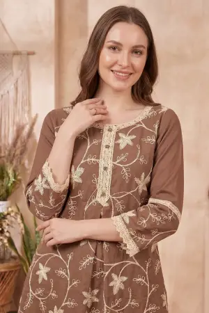 Brown Co-ord Set with Floral Thread Embroidery and Lace Trim - photo 3