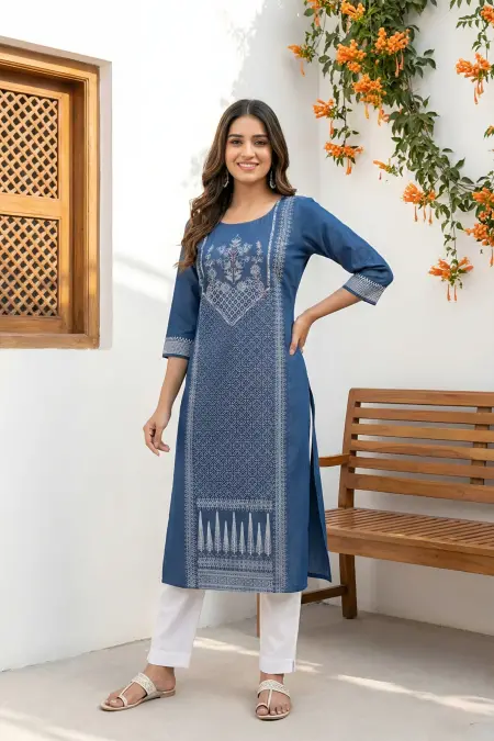 Indigo Blue Denim Long Kurti With Thread Work