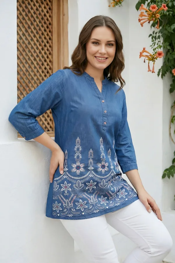 Denim Blue Short Kurti with Ban Collar