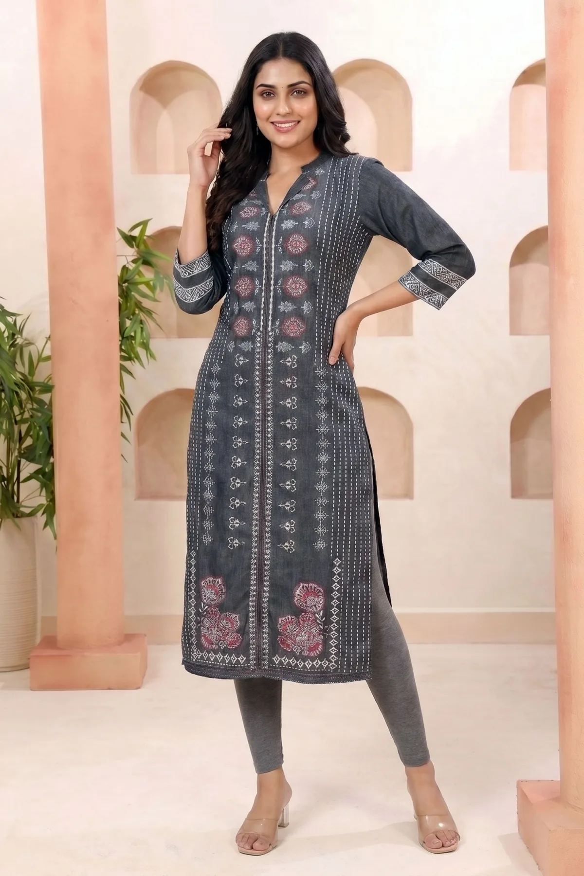 Black Denim Kurti with Discharge Print and Mandarin Collar