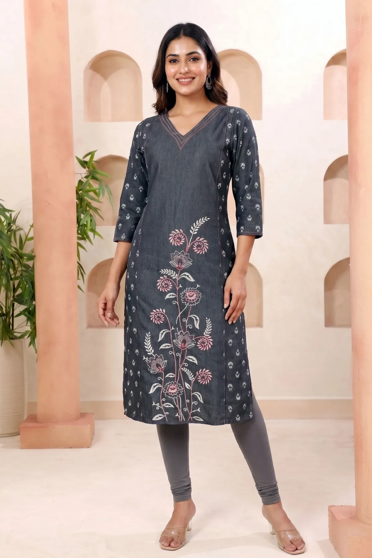 Black Denim Straight Kurti with Floral Discharge Print