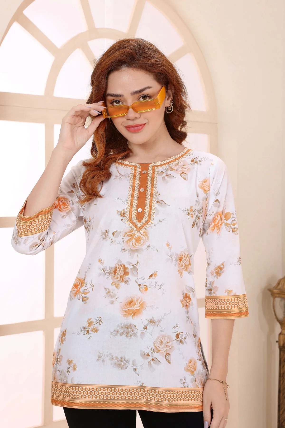 Mustard Cotton Short Kurti with Floral Print