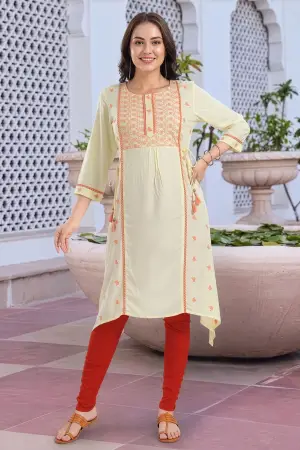 Light Yellow Rayon A Line Long Kurti with Chikankari Embroidery - photo 1