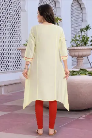Light Yellow Rayon A Line Long Kurti with Chikankari Embroidery - photo 4