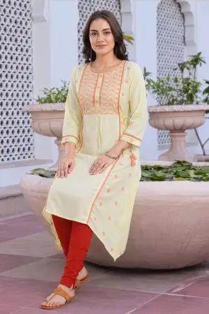 Light Yellow Rayon A Line Long Kurti with Chikankari Embroidery - photo 5