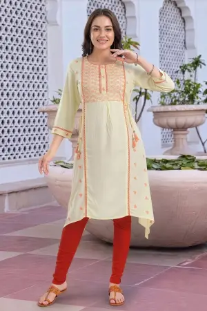 Light Yellow Rayon A Line Long Kurti with Chikankari Embroidery - photo 6
